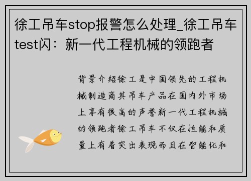 徐工吊车stop报警怎么处理_徐工吊车test闪：新一代工程机械的领跑者