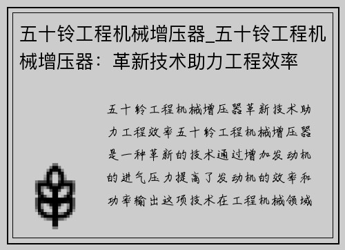 五十铃工程机械增压器_五十铃工程机械增压器：革新技术助力工程效率